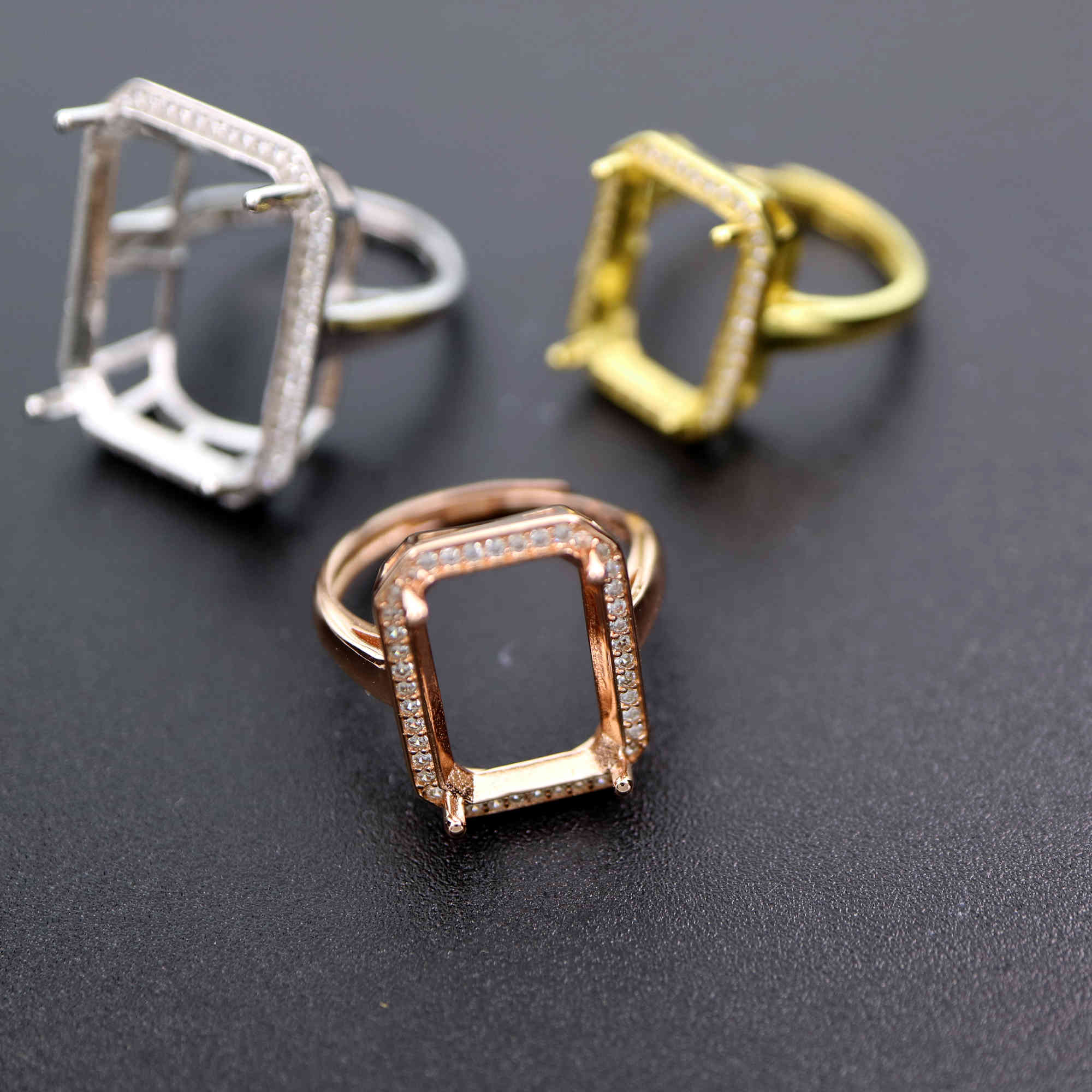 1Pcs Multiple Size Rectangle Silver Rose Gold Gemstone Cz Stone Luxury Big Prong Bezel Solid 925 Sterling Silver Adjustable Ring Settings 1294151 - Click Image to Close